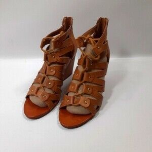 Dolce Vita Size 7 Brown Strappy Open Toe Back Zip Wedge Heel Sandals
